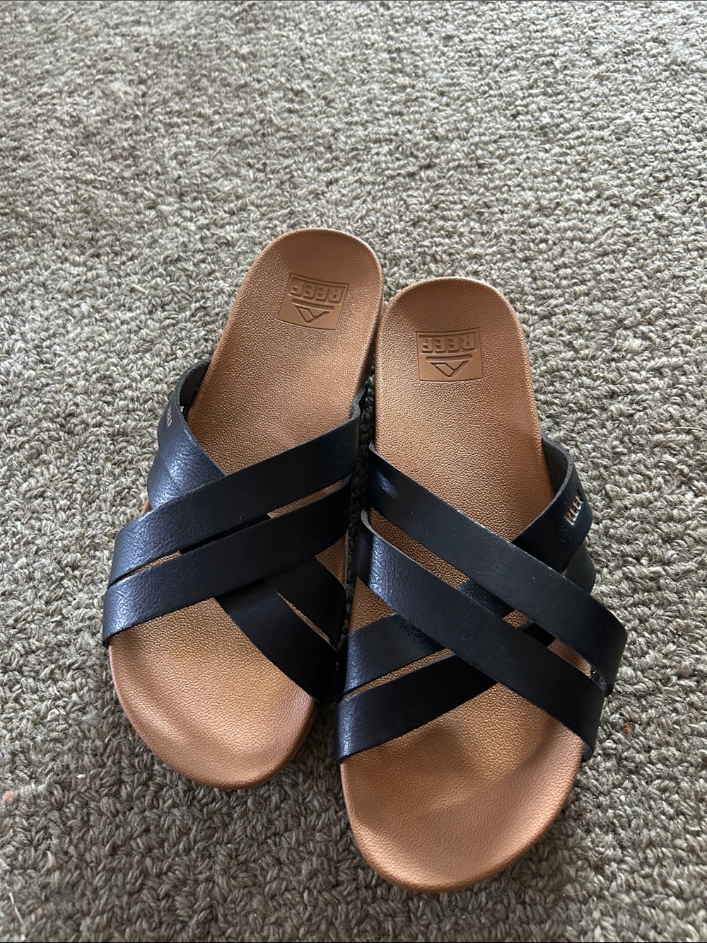 Reef Women’s Black Crossover Slide Sandals with Tan Footbed